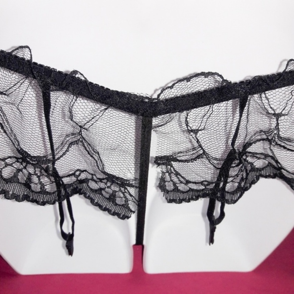 Black Floral Lace Ruffle Garter Belt Panty Thong - Picture 8 of 8
